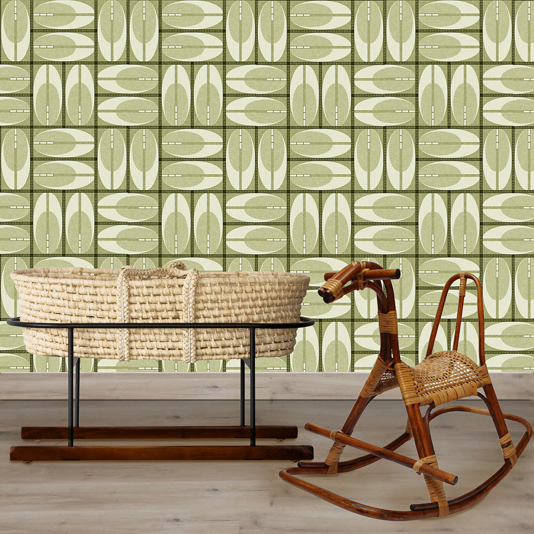 The artwork features a repeating geometric pattern of symmetrical shapes resembling elongated, curved diamonds or petals in various shades of blue and green. Each shape is split vertically with one half filled with a light blue and the other half filled with green or darker blue. The background is a light, almost pastel blue, which provides a soft yet vibrant backdrop. One of the blue shapes near the upper left contains a white starburst element, adding a focal point of brightness to the composition. The overall design conveys a modern, mid-century aesthetic with clean lines and harmonious color contrasts.